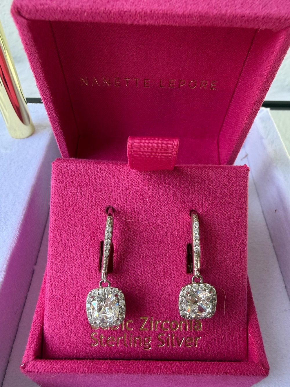 Solid Sterling Silver Cubic Zirconia Drop Earrings with Pink Box
